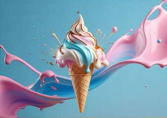 delicious flying creamy ice cream in an explosion of flavors on a colorful background - obrazy, fototapety, plakaty