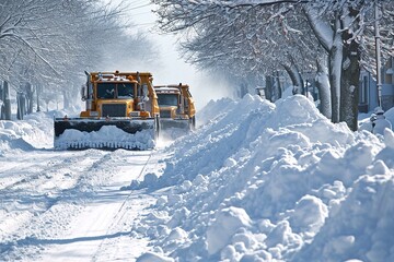 A yellow snowplow clears the road after a blizzard in the city - obrazy, fototapety, plakaty