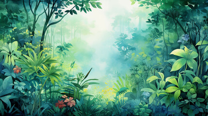 Fototapeta premium Image of the atmosphere in the forest created with watercolors.