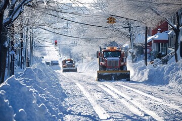 Snowplow cleaning the streets of a small town in winter.