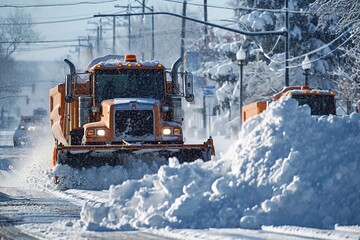 A snowplow clears the road from a drift of snow on a sunny winter day