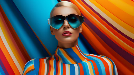 Colorful woman with colorful outfit in an optical art in a fantastical realism set