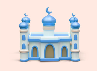 Mosque, Muslim prayer house. 3D building in cartoon style. Mosque with minarets and blue domes decorated with crescents. Beautiful Islamic architecture. Vector image