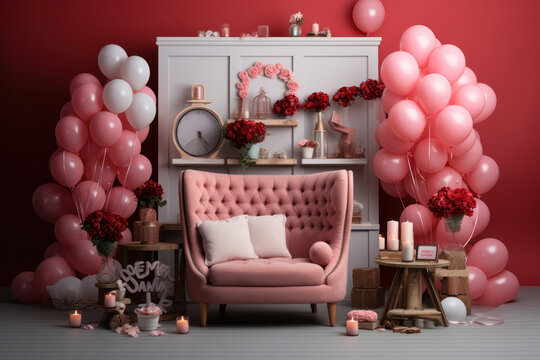 A mockup of a Valentine's Day-themed photo booth, complete with props and backdrops for capturing love-filled moments. Generative Ai.
