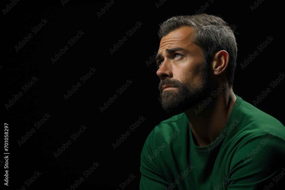 Poster a man in deep thought, set against a green screen, representing the introspective nature of personal
