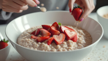 Woman adding strawberry fruits to oatmeal porridge bowl. Preparing surprise breakfast for lover on Valentines' day  created with generative ai