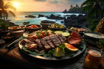 A culinary adventure through Hawaiian fusion cuisine, exploring the diverse influences that shape the island's gastronomic landscape. Generative Ai. - obrazy, fototapety, plakaty