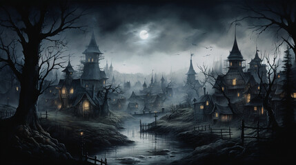 Watercolor painting of a dark, fantasy town, spooky, creepy