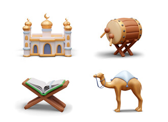 Realistic collection of Muslim religious items. Mosque with golden elements, bedug drum, camel, and Quran. Vector illustration in 3d style with white background
