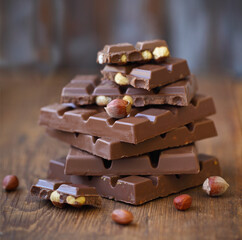 Broken chocolate bars and hazelnuts (filbert) on wooden table