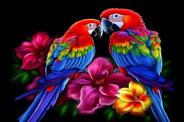 beautiful rainbow parrots and flowers on a black background. Neural network AI generated art - obrazy, fototapety, plakaty