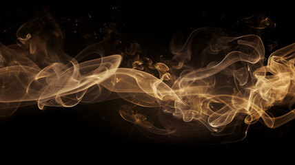 Abstract smoke swirls, yellow gold puff of smoke, orange smoke on a black background, isolated smoke with no background,