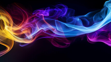 Abstract smoke swirls, multicolor puff of smoke, rainbow smoke, purple pink and blue, on a black background, isolated smoke with no background, - obrazy, fototapety, plakaty