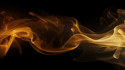 Abstract smoke swirls, yellow gold puff of smoke, orange smoke on a black background, isolated smoke with no background,