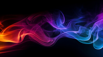Abstract smoke swirls, multicolor puff of smoke, rainbow smoke, purple pink and blue, on a black background, isolated smoke with no background,