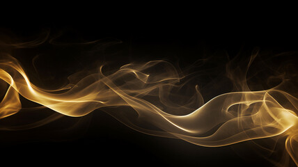 Abstract smoke swirls, yellow gold puff of smoke, orange smoke on a black background, isolated smoke with no background,