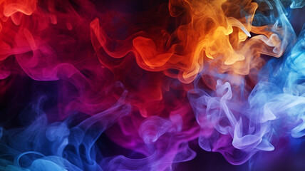 Abstract smoke swirls, multicolor puff of smoke, rainbow smoke, purple pink and blue, on a black background, isolated smoke with no background, - obrazy, fototapety, plakaty