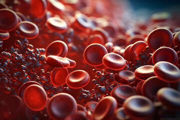 3d rendering of red blood cells in vein with depth of field, A 3D rendering of a blood vessel with blood cells flowing in one direction
