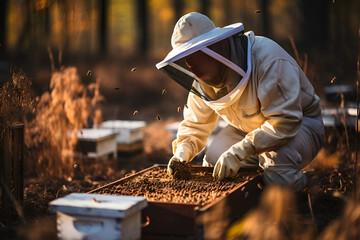 Male beekeeper wearing protective suit checking bee hive, man beekeeper holding taking care bee hive - Powered by Adobe
