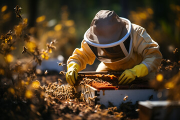 Male beekeeper wearing protective suit checking bee hive, man beekeeper holding taking care bee hive - obrazy, fototapety, plakaty