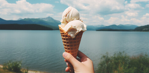 Refreshing ice cream on a hot summer day with picturesque scenery