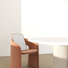 vertical wood frame mockup on terracotta chair with white walls. Empty poster mock up, 3d render