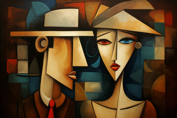 Woman and man couple in an abstract cubist or cubism style painting - obrazy, fototapety, plakaty