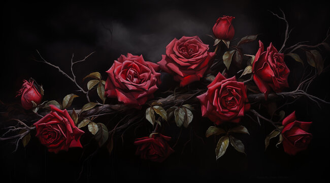 oil painting of a wine red roses on abstract black background