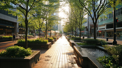 Bustling city square bustling with street trees and rain gardens, AI Generated