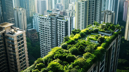 Fototapeta premium City with buildings topped with lush rooftop gardens, AI Generated