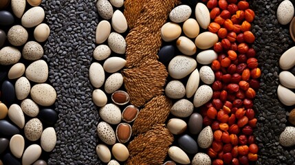 a close-up view of various seeds, each displaying its unique color and texture, creating an...