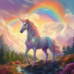 Obraz na płótnie Canvas Unicorn, Mountain background and rainbow in the sky