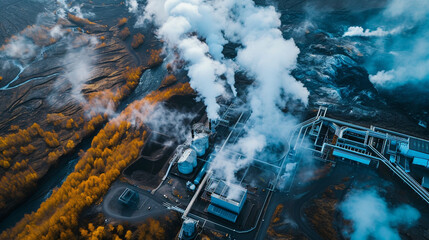 Bird's eye view of geothermal power plant, AI Generated