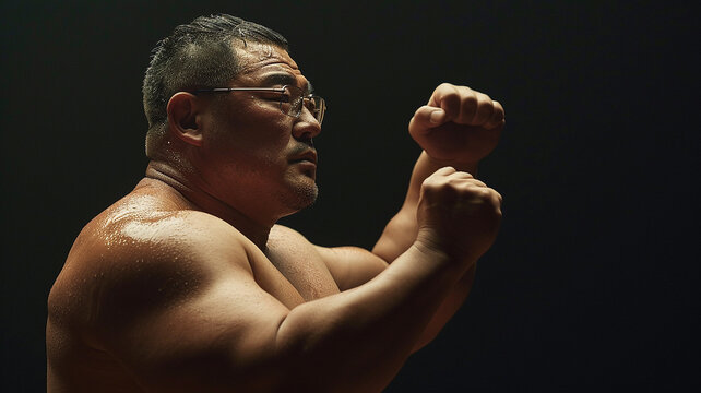 A middle-aged but muscular Japanese super heavyweight wrestler sticks out his big belly after a match
