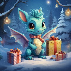 Cute dragon in a winter forest