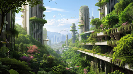 Bustling eco-city showcasing renewable sources to break free from fossil fuels, AI Generated