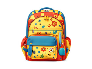 childish school backpacks with supplies, colorful bright bags