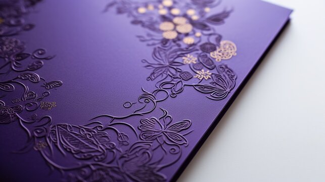 A detailed shot of a purple invitation card isolated on a clean white surface, the HD image presenting its regal color and beautifully designed patterns.