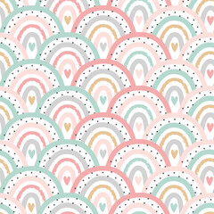 Cute Hand Drawn Pastel Rainbow Seamless Pattern. Abstract Rainbow with heart. Vector Love for Valentines Day greeting card, wrapping paper, fabric design print and more
