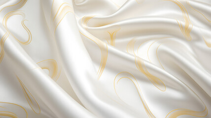 white silk, silver silky fabric with golden patern, satin cloth, pearl color, close-up picture of a...