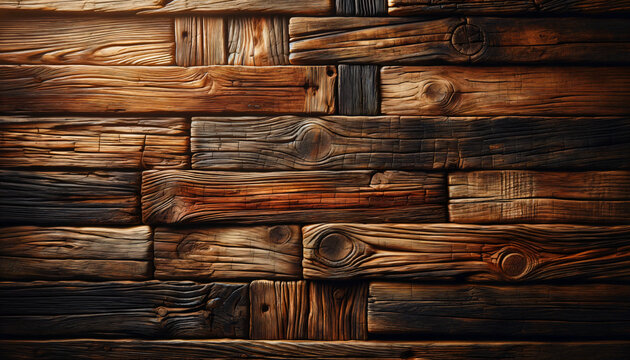 A rustic and detailed depiction of an old wooden background. The wooden planks are weathered and aged, with a rich texture Created by using generative AI tools