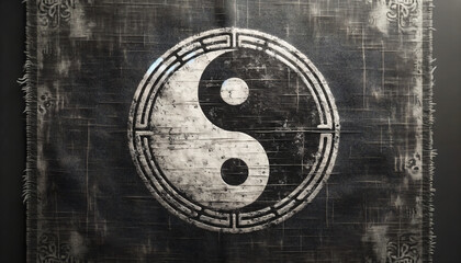 An ancient-looking yin and yang symbol, depicted in a traditional black and white design, on a background of old, weathered material. Created by using generative AI tools