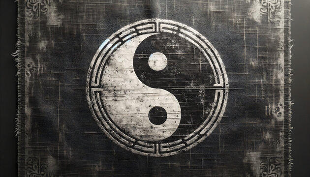 An ancient-looking yin and yang symbol, depicted in a traditional black and white design, on a background of old, weathered material. Created by using generative AI tools
