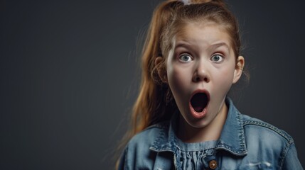 A portrait of impressed, speechless young girl with Shocked an open mouth staring, I can't believe it's isolated in Studio background, Free copy Space