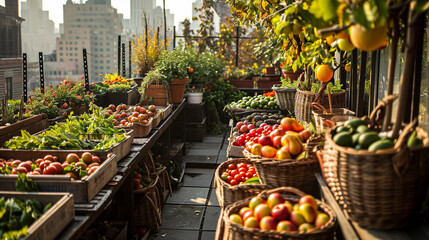 Fototapeta na wymiar Fruit baskets overflowing in urban rooftop garden, AI Generated