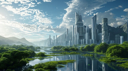Futuristic city layout with integrated water conservation technology, AI Generated - obrazy, fototapety, plakaty