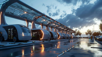 Futuristic vehicles charging at solar-powered charging stations, AI Generated - obrazy, fototapety, plakaty