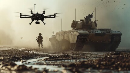 Fototapeta na wymiar Combat aerial drone attacking a tank