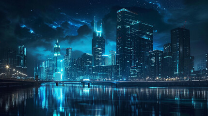 Night scene of city illuminated by renewable energy, AI Generated