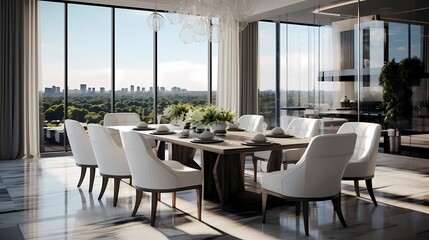 Modern luxury dining room featuring a custom-designed table, designer chairs, and an abundance of natural light